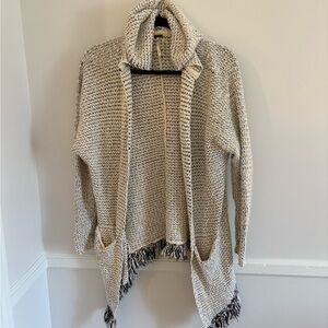 Free People Cream and Black Open Knit Fringe Cardigan